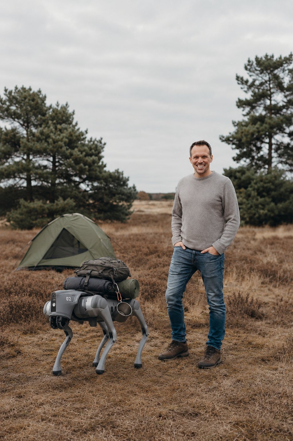 David Klapheck steht neben einem Roboterhund und einem Zelt in der Heide